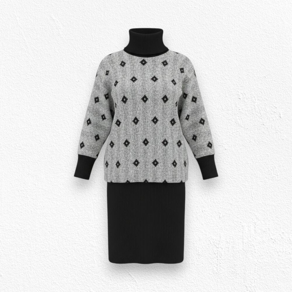 80s Vintage Black Grey Turtleneck Union USA Made Wool Blend Sweater Dress Size 8